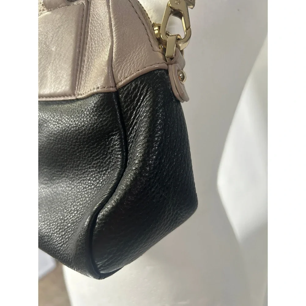 Kate Spade New York Pebble Leather Two Tone Satchel Handbag Black Beige Gold#256